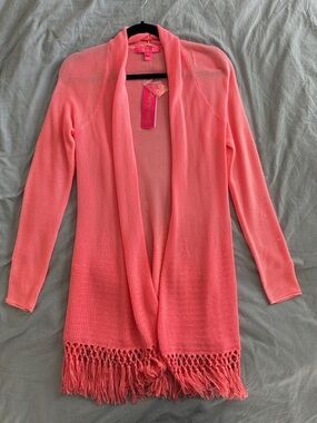 Lilly Pulitzer Coral Open-Front Fringe Cardigan